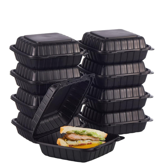 8X8" 1-Compartment 50-Pack Plastic Clamshell To Go Containers Food Carryout Lunch Box Packaging For Sandwich Salad Heavy Duty Disposable Restaurant Service Catering Meal Hinged With Secure Snap Lid