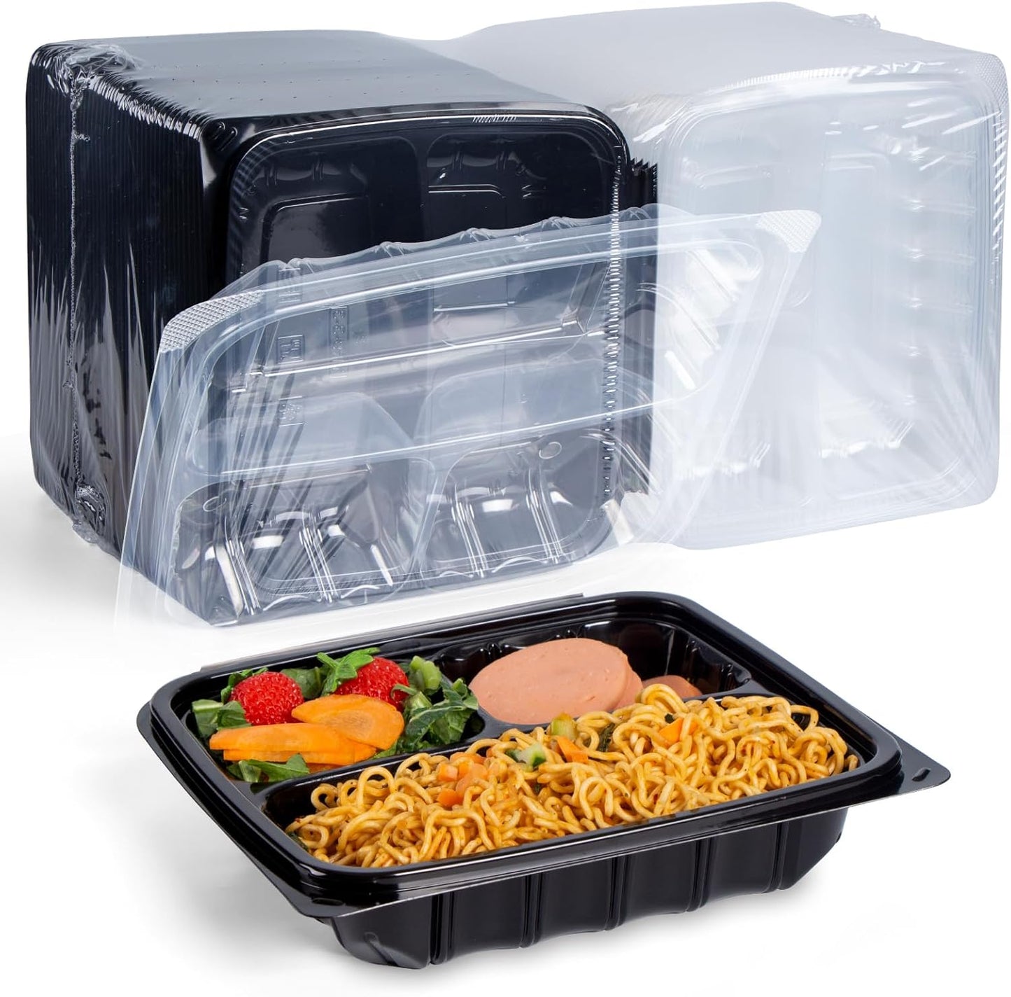 YANGRUI Food Containers 9.5" 38 oz 45 Pack - Anti Fog Lid Shrink Wrap Commercial PP BPA Free Takeout Box | Reusable & Disposable, Freezer & Microwave Safe | Restaurant 3 Compartment Plastic Container
