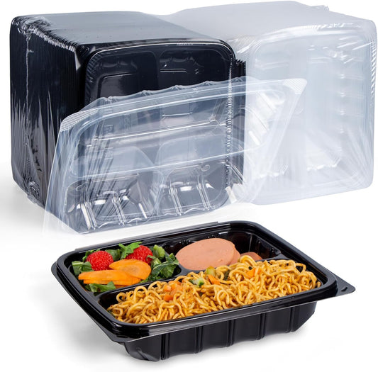 YANGRUI Food Containers 9.5" 38 oz 45 Pack - Anti Fog Lid Shrink Wrap Commercial PP BPA Free Takeout Box | Reusable & Disposable, Freezer & Microwave Safe | Restaurant 3 Compartment Plastic Container