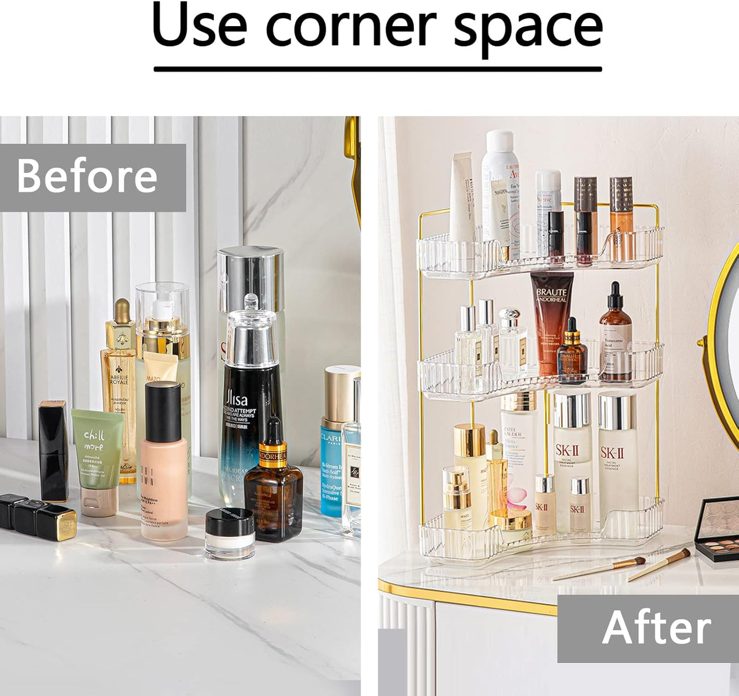 3-Tier Corner Bathroom Counter Organizer – Storage Shelf for Makeup, Perfume & Skincare, Space-Saving Countertop Tray Fits Bathroom, Dresser, Kitchen (White)