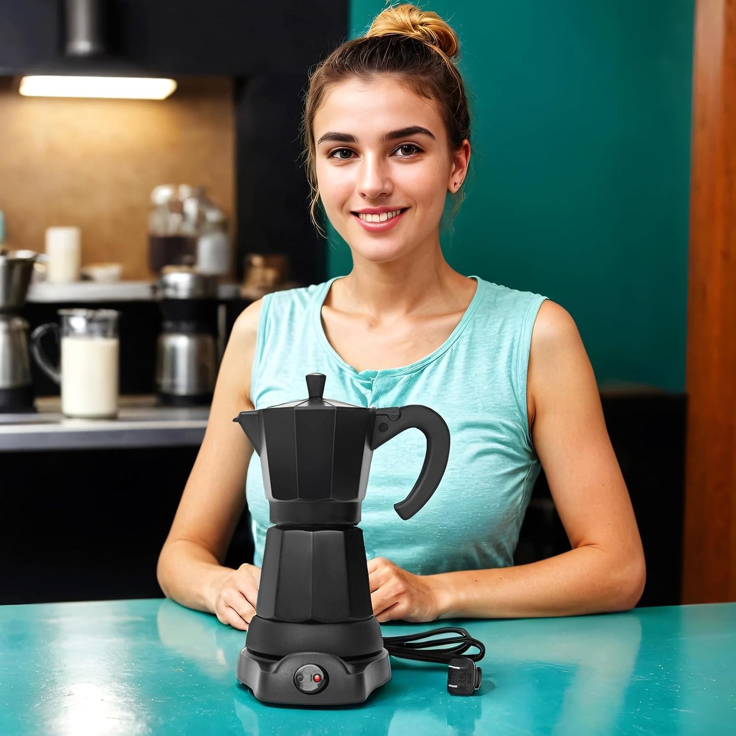 Cafetera Espresso Maker, 6 Cup Portable Coffee Machine, 300ml Portable Cafeteras Electricas Modernas, Electric Moka Pot with Detachable Base & Overheat Protection, Coffee Gift for Home Travel