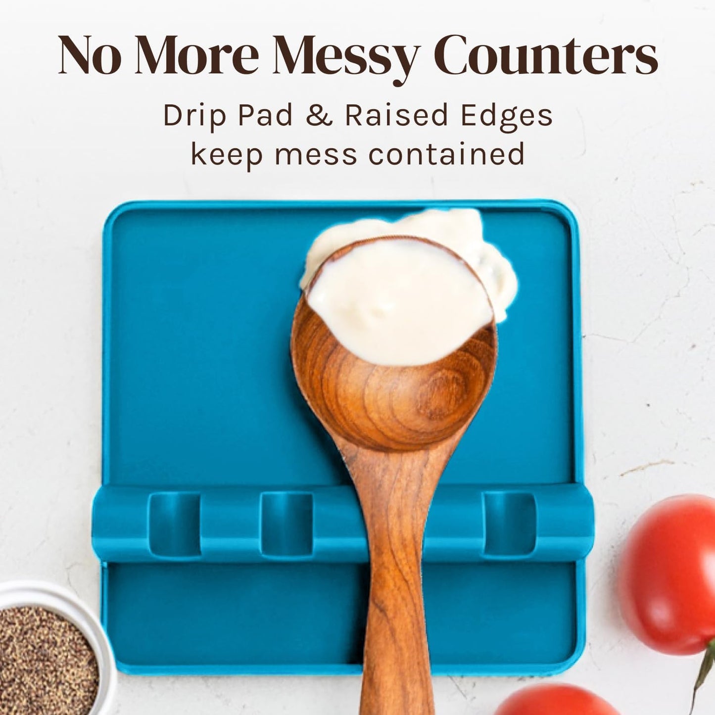 Light Blue Silicone Spoon Rest for Stove Top with Drip Pad (Two Pack) - Heat Resistant BPA Free Utensil Rest & Spoon Holder for Kitchen Counter - Grill Utensil Holder - Spatula Holder, Tongs, Ladle