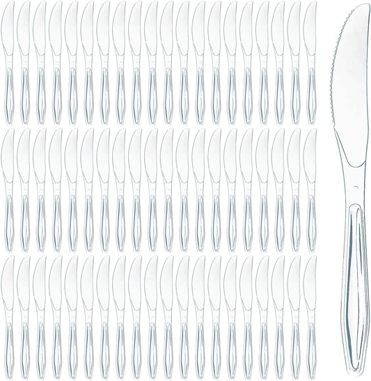 Prestee 100 Pack Plastic Silverware Knives - Heavy Duty, Clear Plastic Knives for Parties, Catering, and Events - Durable and Elegant Disposable Knife Utensils for Weddings, Dinners, and Celebrations