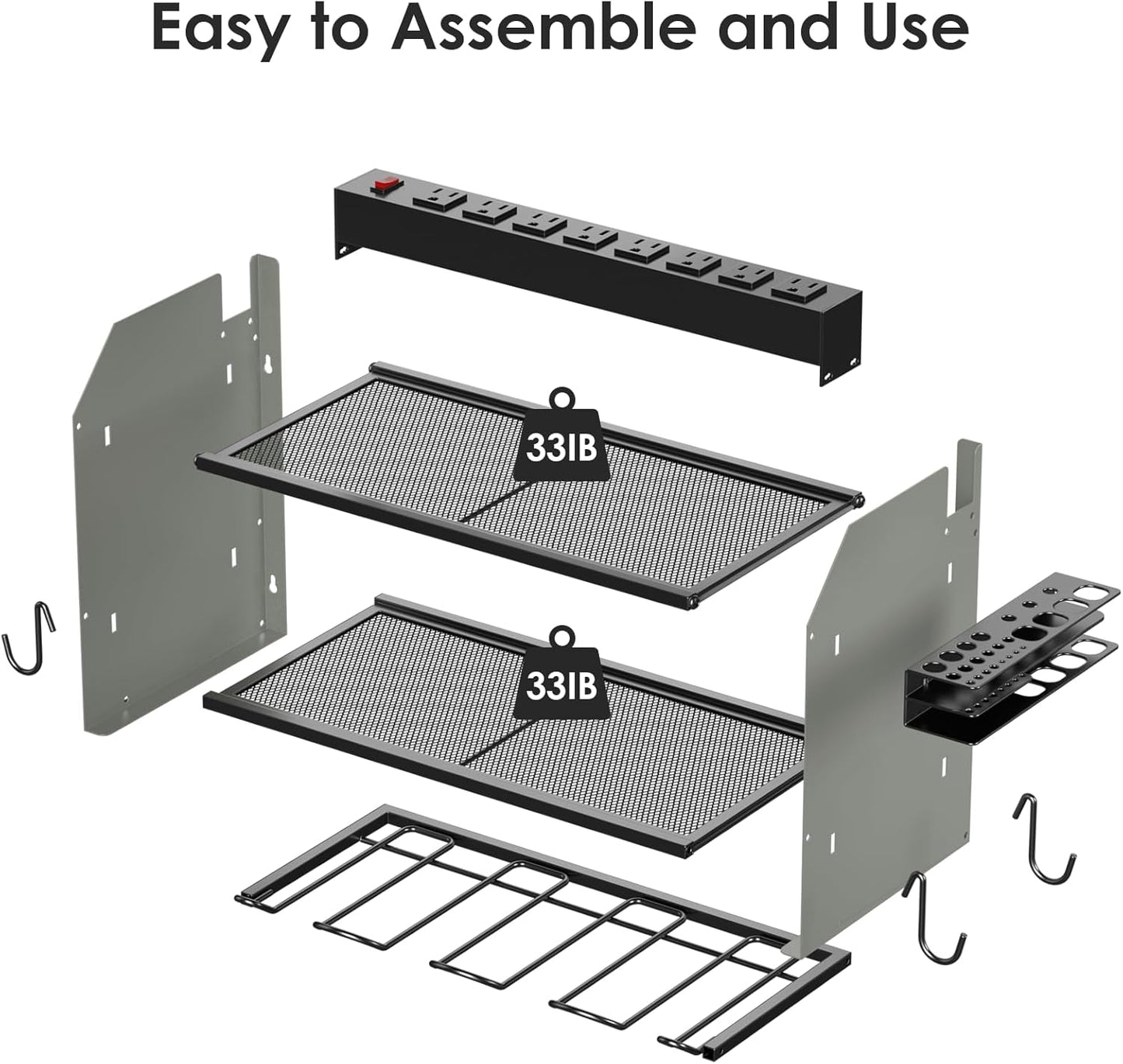 CCCEI Modular Power Tool Organizer Wall Mount with Charging Station. Garage Drill Storage Shelf with Hooks, Heavy Duty Rack, Tool Battery Holder Built in 8 Outlet. Gift for Men. Grey, 2 Pack.