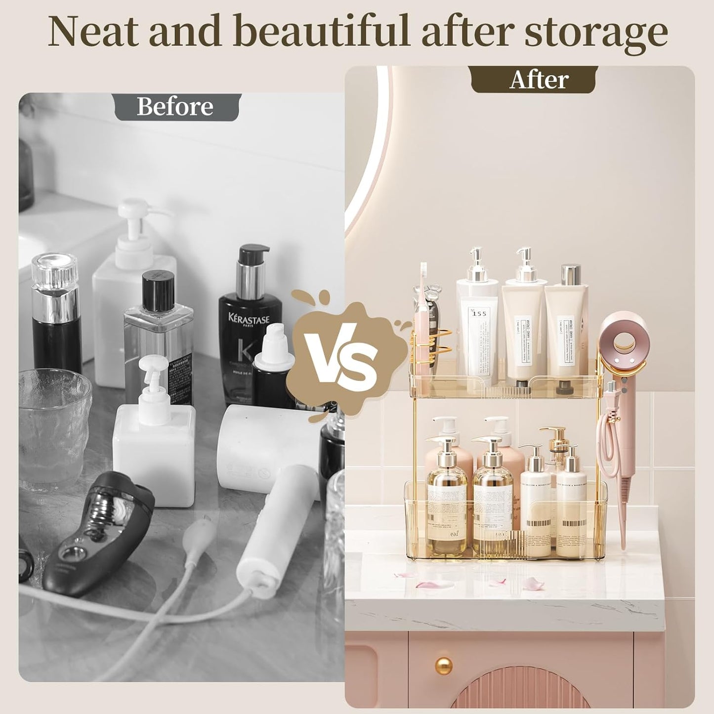 2 Tier Gold Bathroom Counter Organizer with Hair Dryer Holder, Skincare & Makeup Organizer, Cosmetics Shelf for Vanity Tray