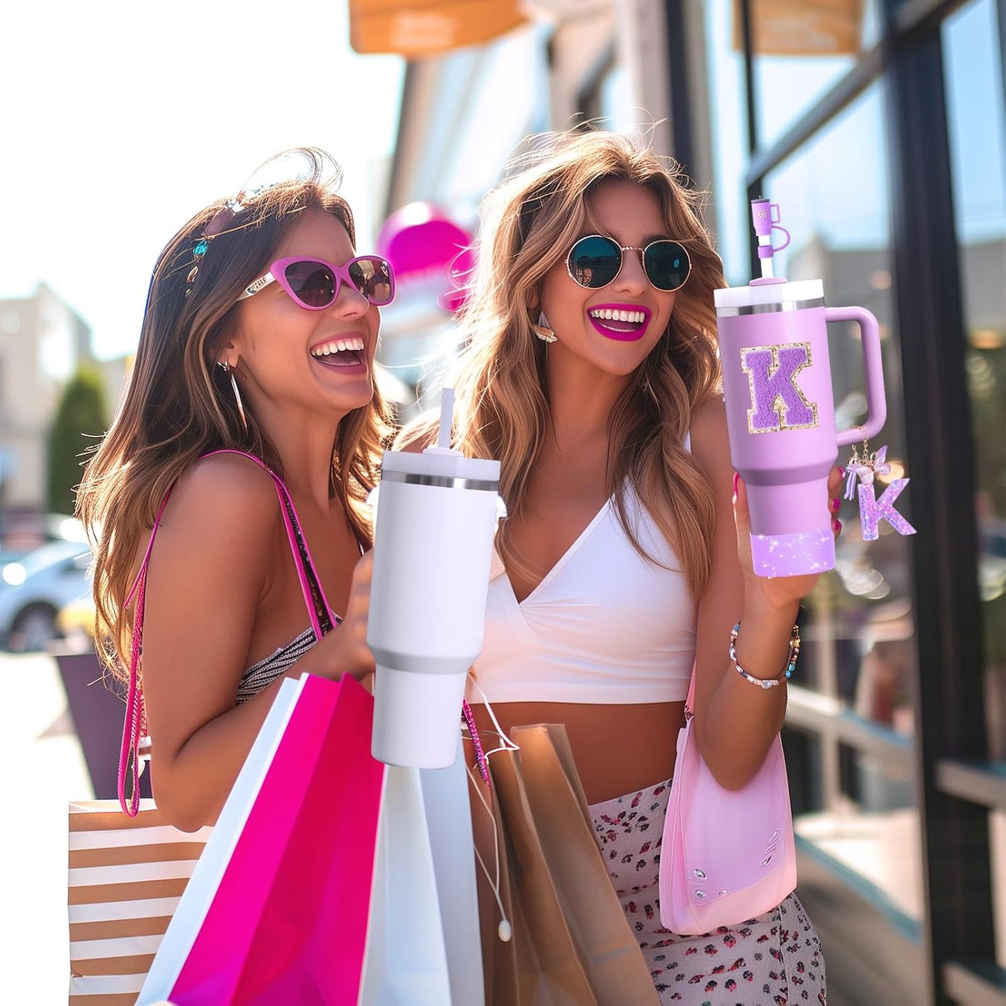 Mity rain 6PCS Cup Accessories Set for Stanley Cup 30oz 40oz tumbler with handle, Including Silicone Straw Topper Cover Cap and Boot, Spill Proof Stopper, Handle Charm, Initials Sticker (Letter K)