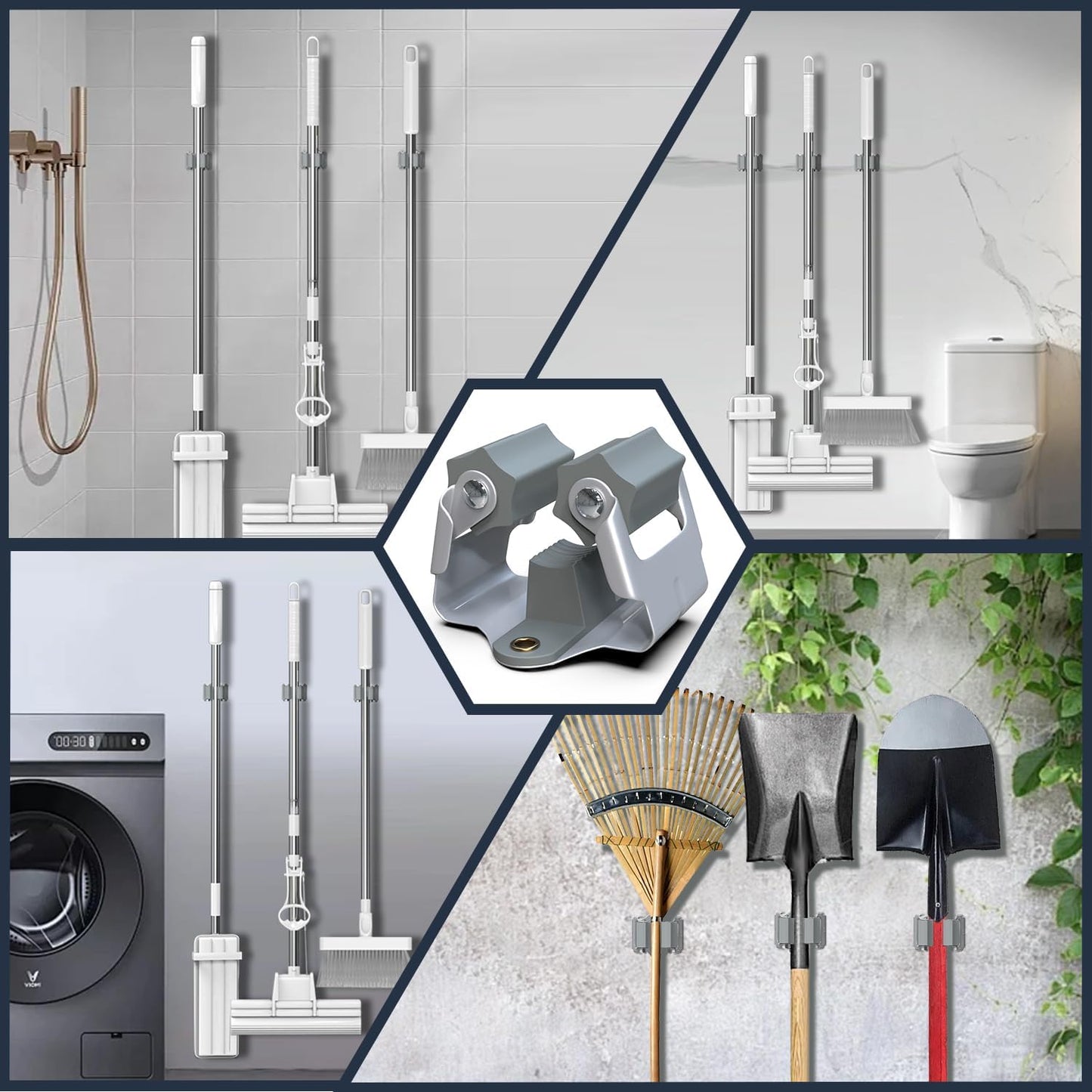 3-H 45 Pack Mop and Broom Holder Wall Mount Big Size Hanging 1 KG Extra,Broom Hanger Wall Mount for Hanging and Organizing Shove Rake Yard Tools in Shed Kitchen Laundry Room Bathroom Garden(grey)
