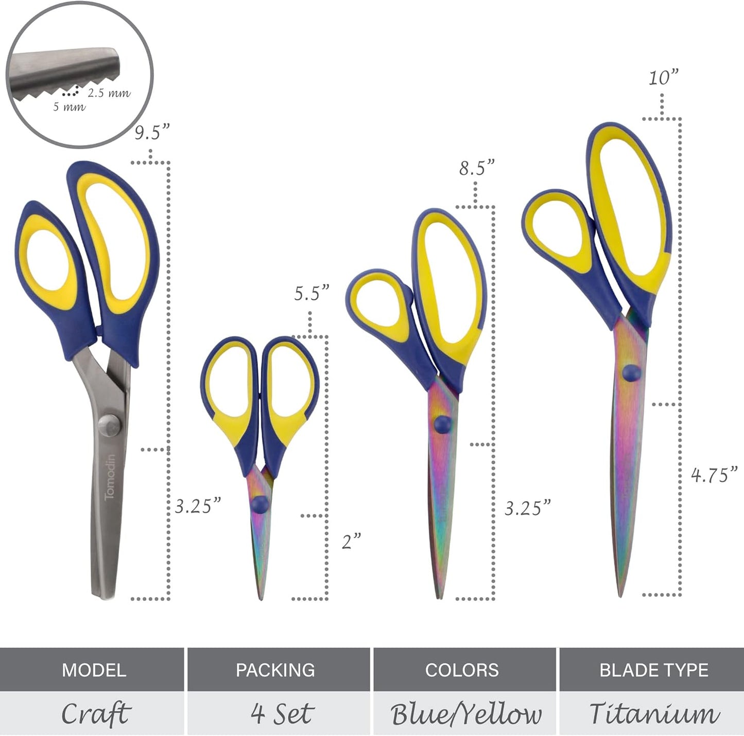 BambooMN Titanium Softgrip Scissors Set - Pinking, Sewing, Arts, Crafts, Office - 1 Set of 4 - Blue w/Yellow