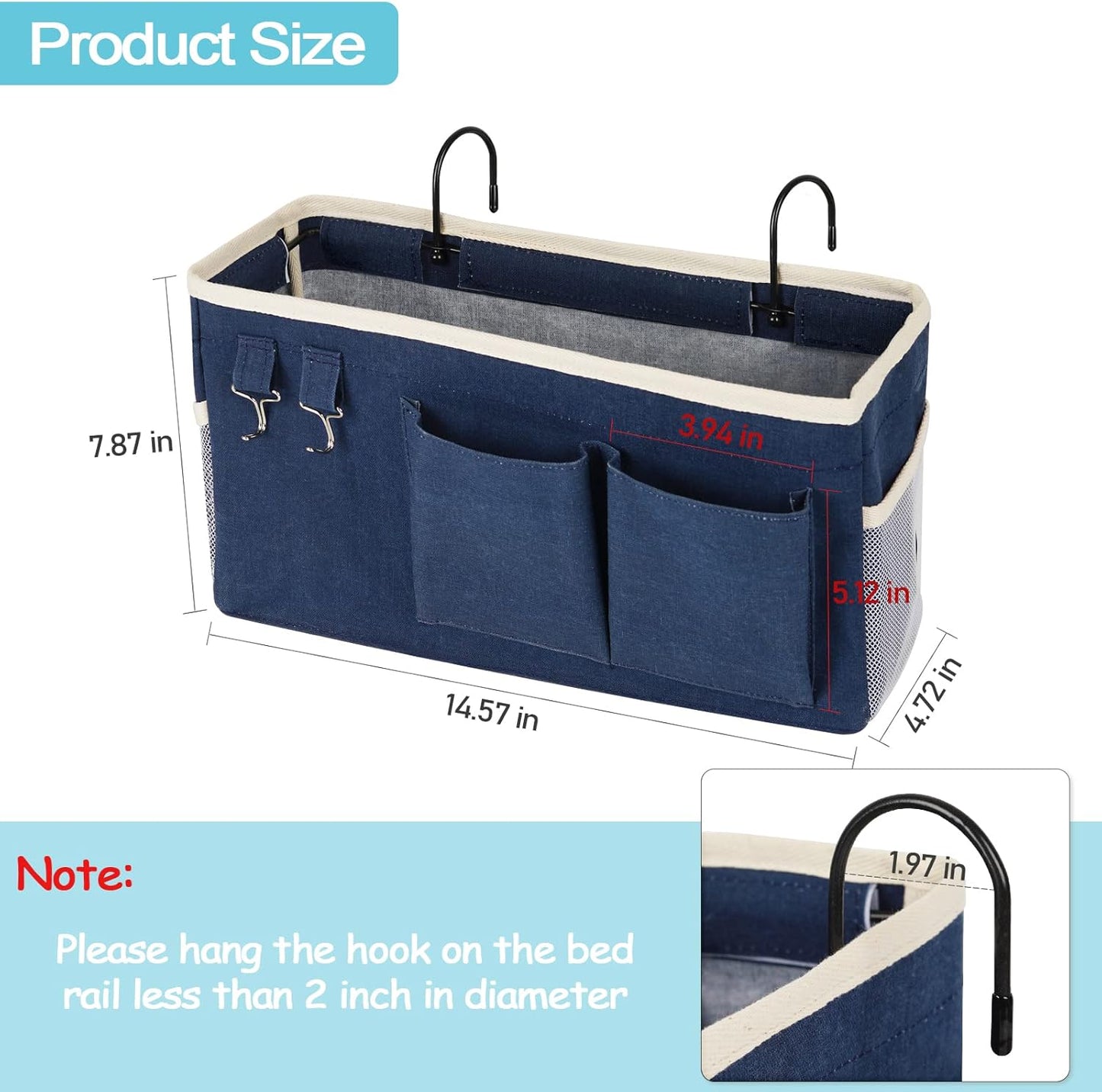 Loghot Bedside Caddy/Bedside Storage Bag Hanging Organizer for Bunk and Hospital Beds,Dorm Rooms Bed Rails,Can be Placed Glasses,Books,Mobile Phones,Keys (Navy Blue)