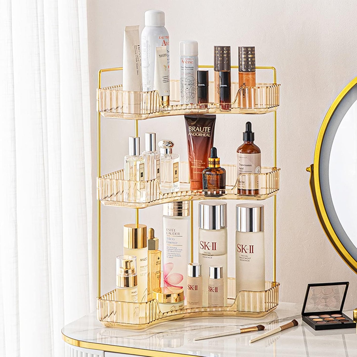 3-Tier Corner Bathroom Counter Organizer – Classic Storage Shelf for Makeup, Perfume & Toiletries, Space-Saving Countertop Tray Fits Bathroom, Dresser, Kitchen (Vintage Gold)