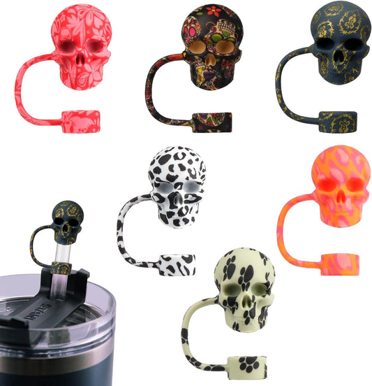 6Pcs 10mm/0.4in Silicone Straw Toppers - Cool Skull Shape Straws Tumbler Accessories for Man & Woman - Reusable&Dust-proof Straw Covers Cap Compatible with Stanley Cup 30 40oz with Handle