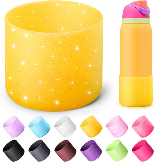 Silicone Water Bottle Boot for Owala 40 oz, Anti-Slip Protective Sleeve for Owala Twist & FreeSip & Flip Stainless Steel Water Bottle, Boot Bottom Base (Glitter Yellow)