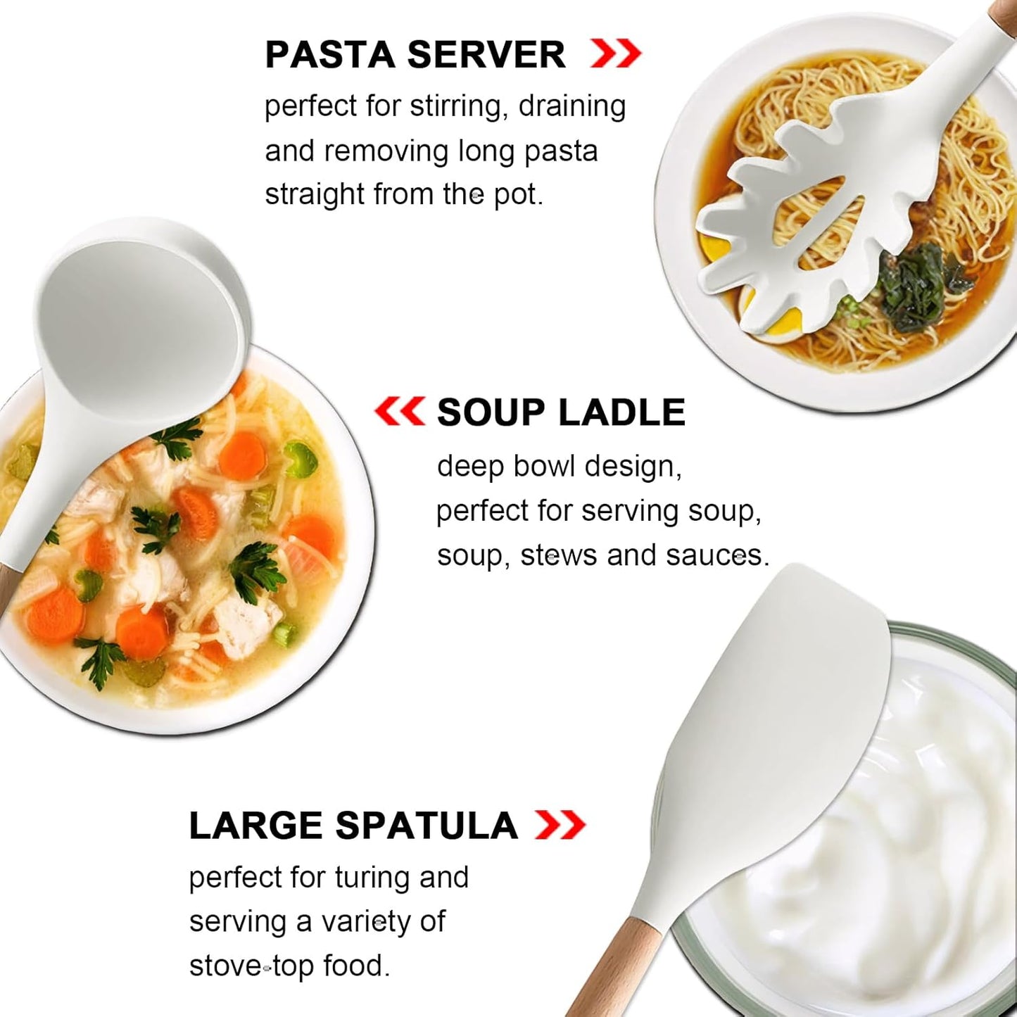 Kitchen Cooking Utensils Set 6Pcs Non-Stick Silicone Kitchen Utensils Spatula Spoon Turner Ladle Pasta Server, Heat Resistant Wooden Handle Silicone Cooking Gadgets Sets for Cookware & Baking