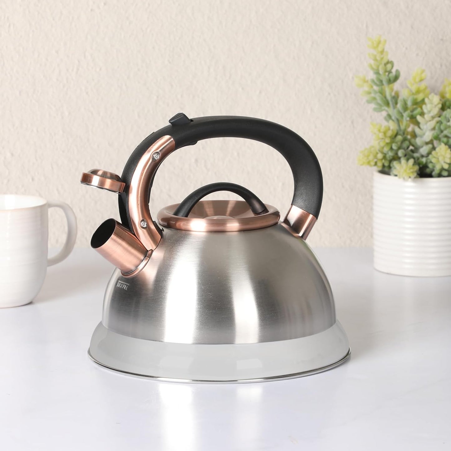 Mr. Coffee Flintshire 2.2 Quart Large Whistling Stainless Steel Tea Kettle - Brush Stainless Steel W/Copper
