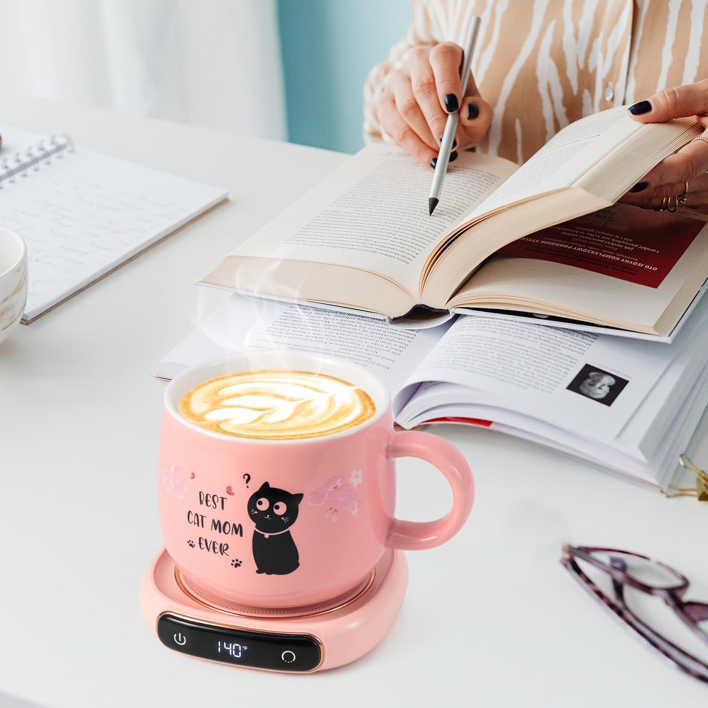 Bsigo Coffee Mug Warmer & Best CAT MOM Ever Mug Set, Electric Candle Mug Warmer 8H Auto Shut Off, Home & Office Beverage Cup Coffee Warmer for Desk, Cat Lover Mom Sister Birthday Women Mothers Day