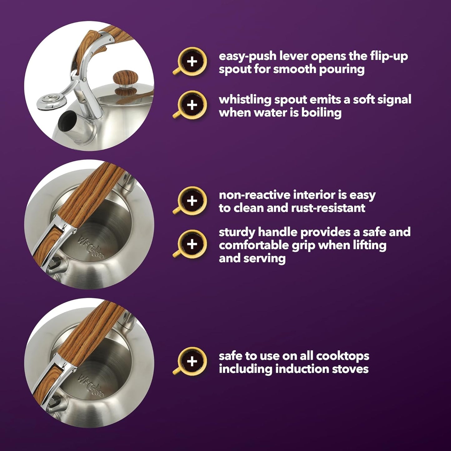 Mr. Coffee Woodmont 2-Quart Stainless Steel Tea Kettle With Wood Handle, Stovetop Whistling Kettle, Durable Fast-Boil Tea Pot