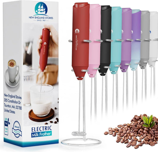 Powerful Milk Frother Handheld Foam Maker, Mini Whisk Drink Mixer for Coffee, Cappuccino, Latte, Matcha, Hot Chocolate, With Stand, Red