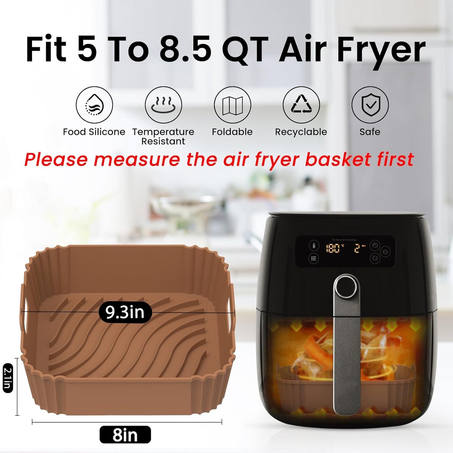 Redfly Air Fryer Silicone Liners, 9.3 Inch Square Airfryer Liners, Silicone Air Fryer Liners Reusable for 6-8 QT, Air Fryer Accessories Replacement for Parchment, Airfryer Liners Silicone Brown&Gray