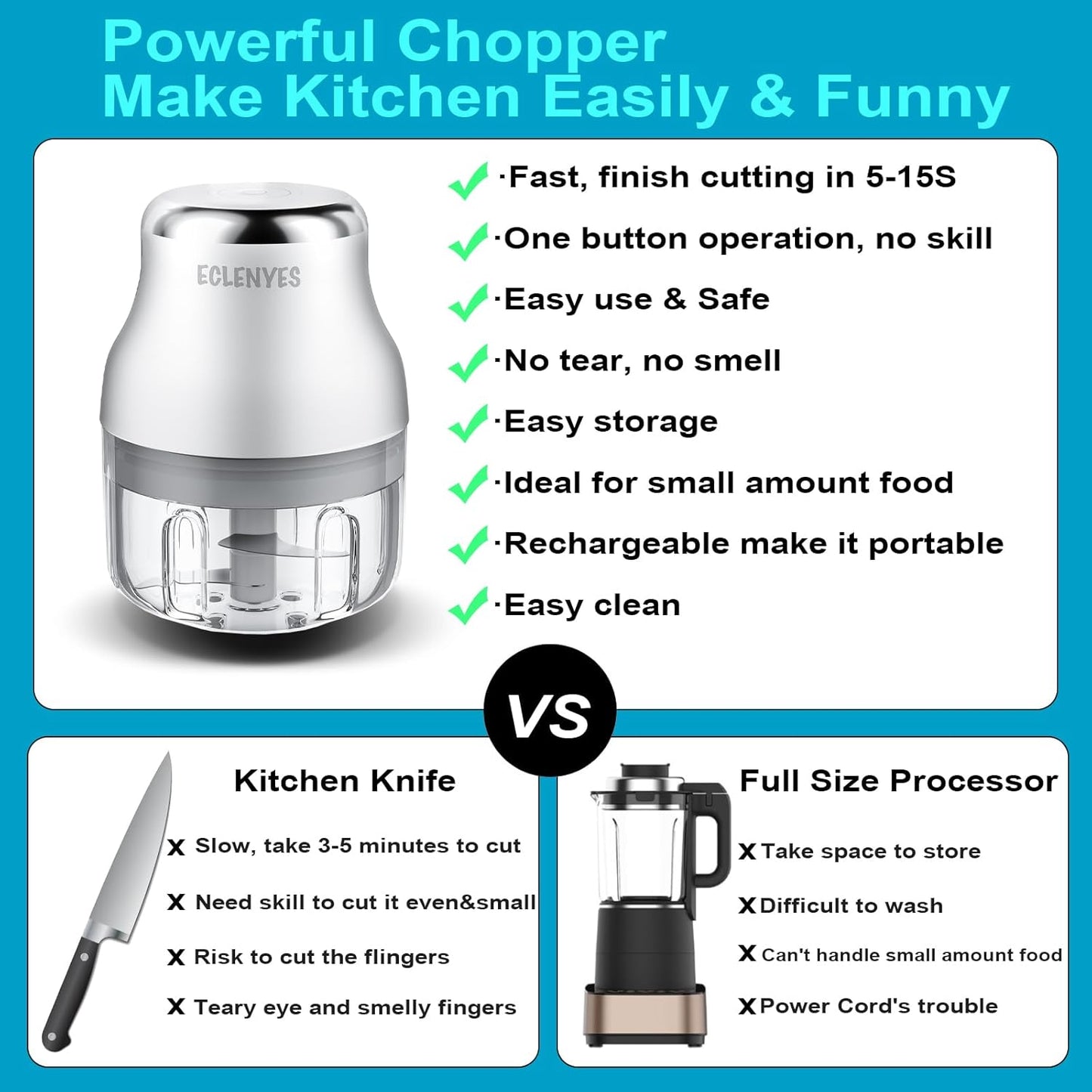 Vegetable Chopper, 100ML Electric Garlic Chopper, USB Rechargeable Mini Blender, Powerful Small Food Processor, Blender to Vegetable, Wireless Food Cutter for Ginger, Chili, Fruit, Meat, etc