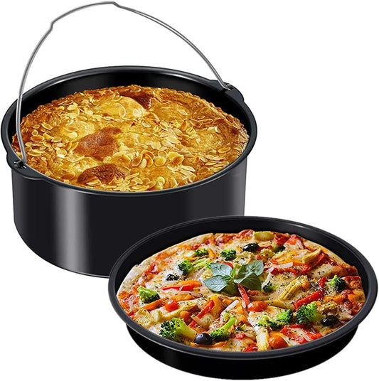 2Pcs Air Fryer Accessories, 8 Inch Air Fryer Pizza Cake Pan and Baking Cake Barrel Deep with Non-Stick Coating,Round Airfryer Baking Cake Pan Accessory Set