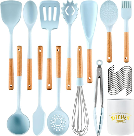 Kitchen Cooking Utensils Set, 13 Piece Wooden Handle Silicone Cookware Set with Stand,Nonstick Heat Resistant Silicone Tool Set - Morandi Blue（ BPA Free）
