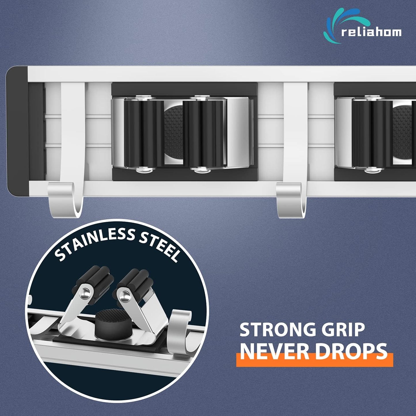 reliahom Broom Holder Wall Mount Mop and Broom Hanger Wall Mounted Garage Storage Rack Kitchen Garden Tool Organizer (4 Racks with 5 Hooks, Black)