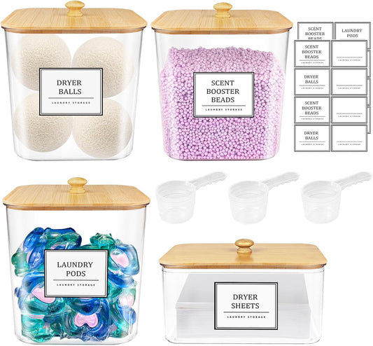 Laundry Pods Storage Container, Clear Laundry Room Organization and Storage ,Detergent Powder Container,with Wooden Lids & Labels, 3+1 Pack