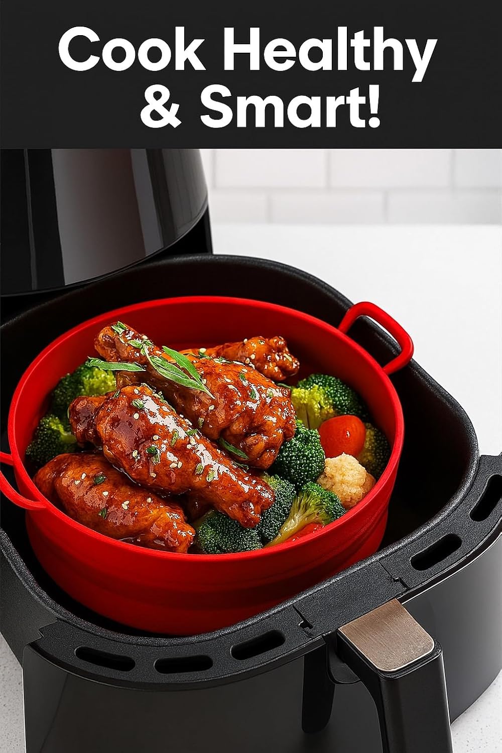 Silicone Air Fryer Liner 8.6" Round for 5–8 QT, No Divider, Reusable Non-Stick Collapsible Pot Liner, Dishwasher Safe, Heat-Resistant 446°F, RED, 1 Pack