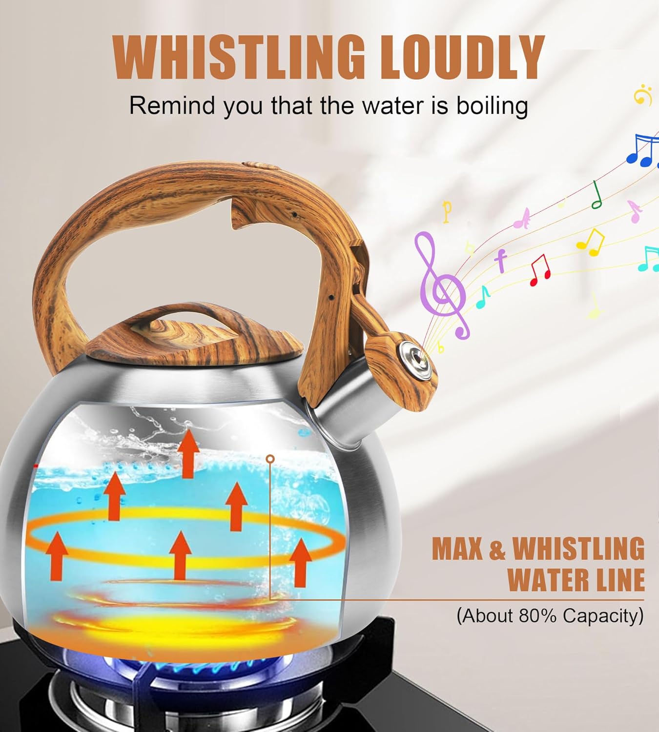 Classic Stainless Steel Whistling Kettle 3.2 Quart - Brushed Metal Finish with Wooden Handle, Stovetop Water Boiler for Home & Kitchen, Loud Alert Whistle & Drip-Free Spout (Silver)