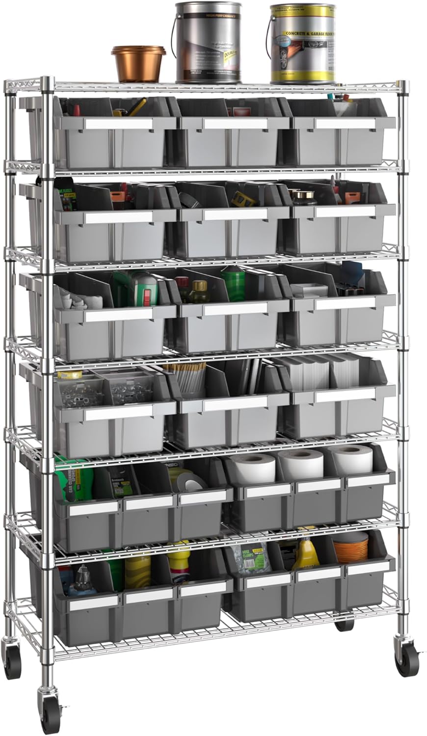 Seville Classics Heavy Duty NSF Bin Rack Solid Steel Wire Shelving Storage Unit, Patented Organizer for Garage, Warehouse, Office, Restaurant, Classroom, Kitchen, Gray, Includes 16 Bins