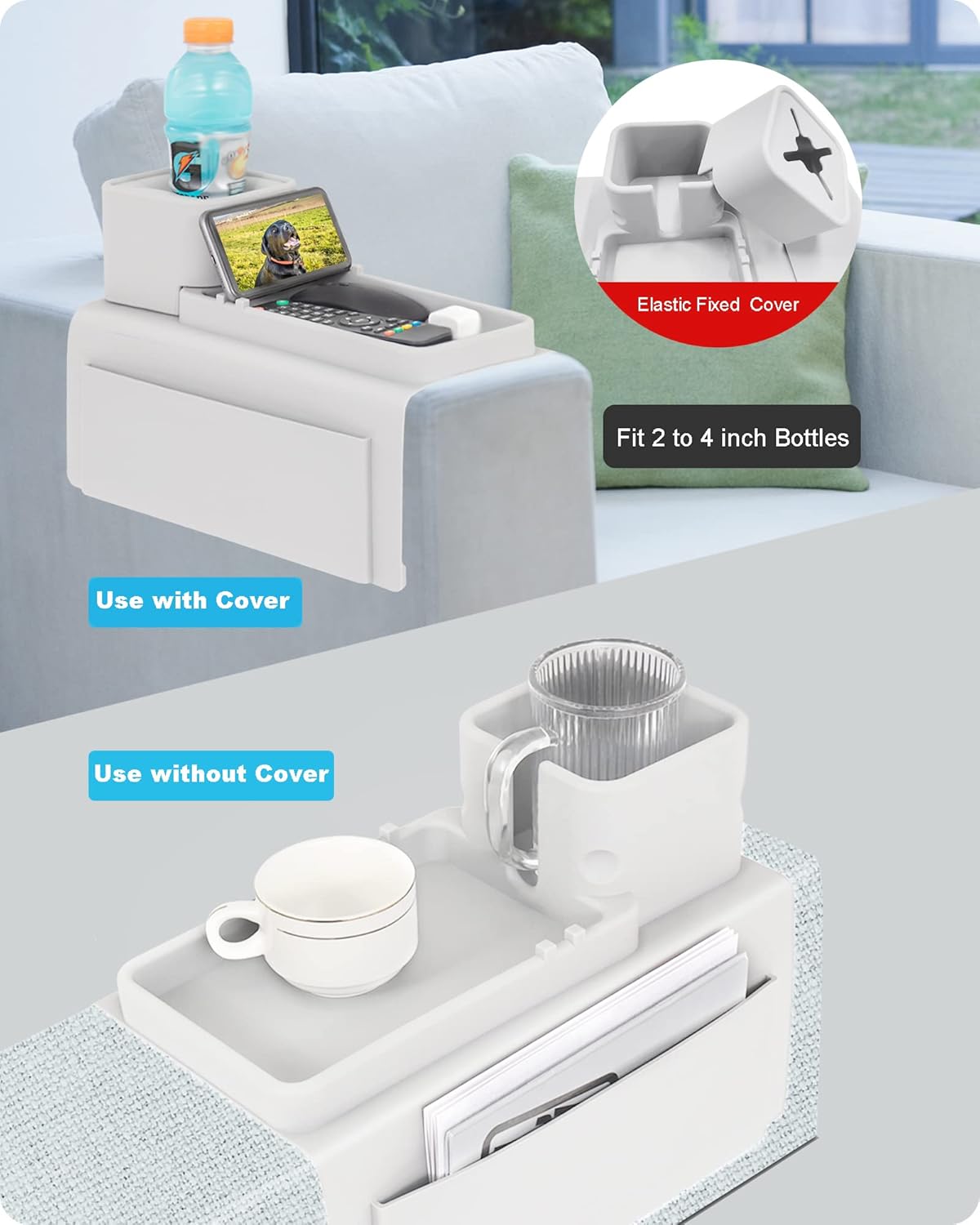 Couch Cup Holder Tray, VIENFUT Silicone Anti-Slip Sofa Armrest Tray with Side Pockets, BPA-Free Anti-Spill Couch Drink Holder for YETI, Remote, Snacks, Cellphone and iPad, Ideal Gift (Griege)