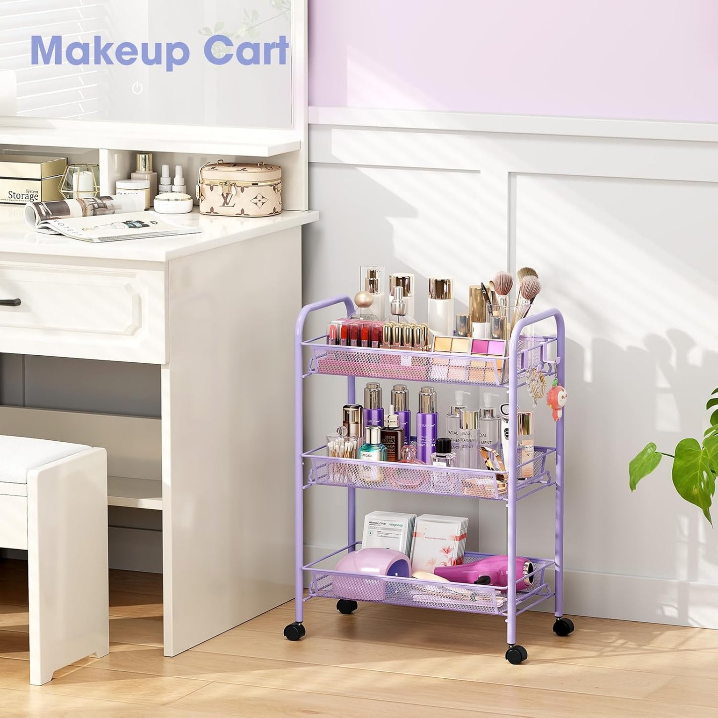 TOOLF 3-Tier Metal Rolling Cart, Mesh Wire Easy Assemble Utility Cart, Storage Trolley on Wheels with 3 Hooks, MetalStorage Shelving Units for Kitchen Bathroom Laundry Room