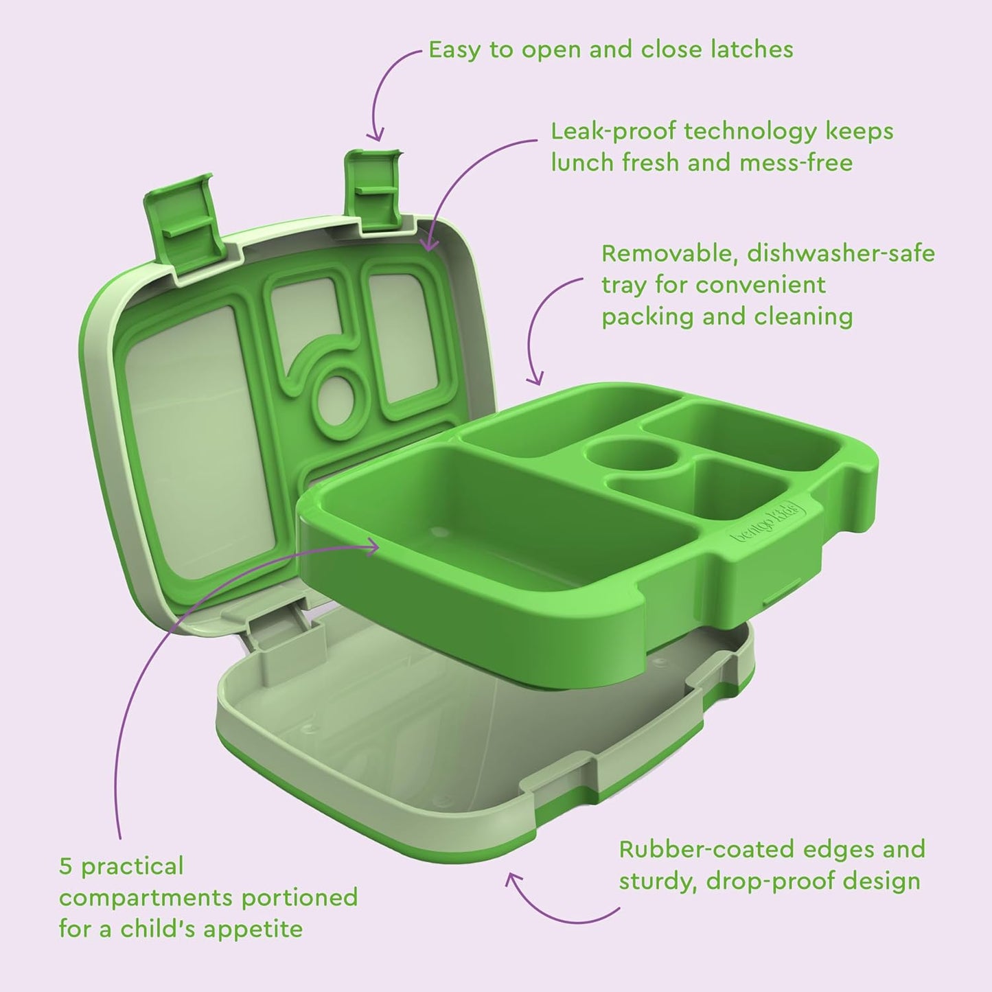 Bentgo Kids Bento-Style 5-Compartment Leak-Proof Lunch Box - Ideal Portion Sizes for Ages 3 to 7 - Durable, Drop-Proof, Dishwasher Safe, PFAS & BPA-Free & Made with Food-Safe Materials (Green)