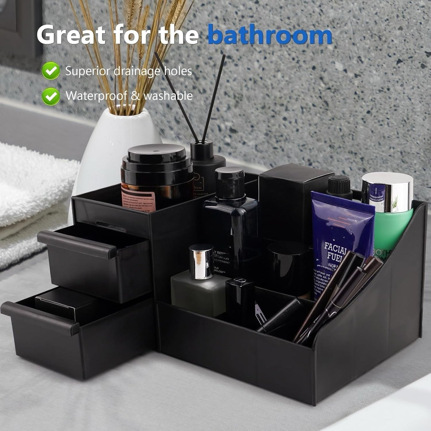 Simbuy Black Cologne Organizer for Men - Large Countertop Organizer with Drawers for Cologne, Perfume, Shaving & Skincare - Bathroom & Vanity Storage, Ideal Gift for Boyfriend, Husband, Dad & Friends