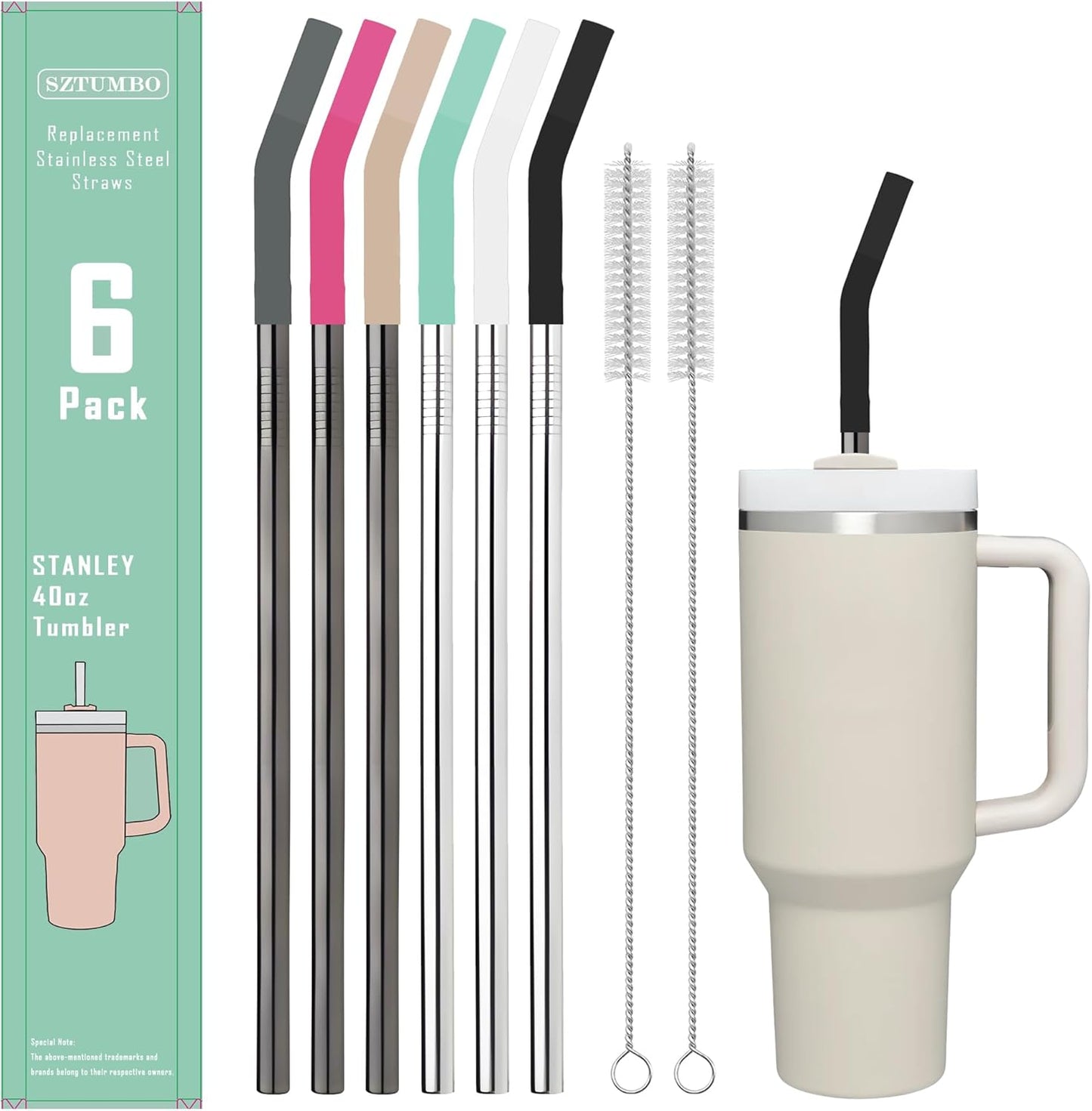 6 PCS 12Inch Metal Stainless Steel Reusable Straight Straw,with 6 Silicone Flex Tips and 2 Cleaning Brush,for 40oz Stanley, Hydrapeak, Owala Tumbler,Simple Modern 32 40oz Tumbler(8mm 3B3S)