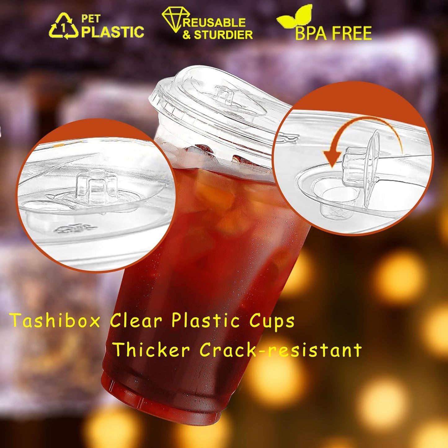 TashiBox 16oz100 Sets Clear Plastic Cups With Strawless Sip Through Lids,Clear Crystal disposable plastic cups,smoothie cups