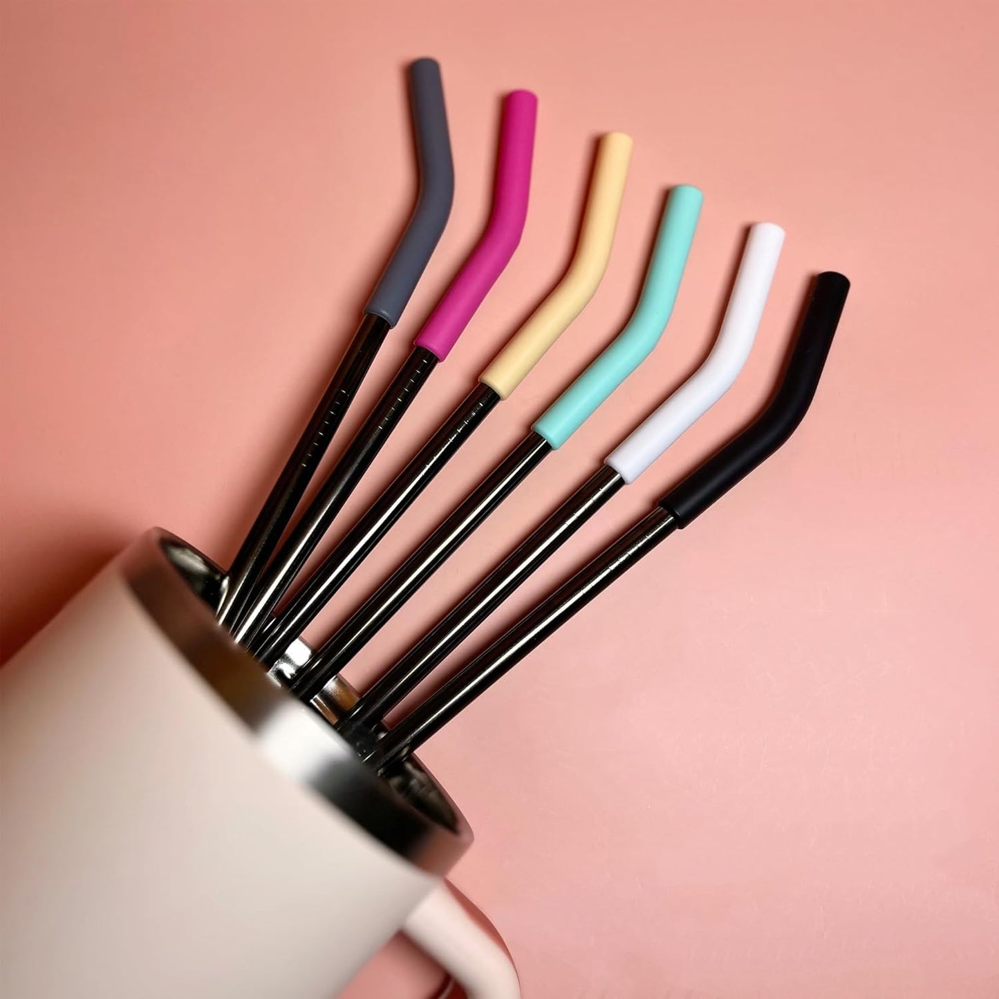 6 PCS 12Inch Metal Stainless Steel Reusable Straight Straw,with 6 Silicone Flex Tips and 2 Cleaning Brush,for 40oz Stanley, Hydrapeak, Owala Tumbler,Simple Modern 32 40oz Tumbler(8mm Black)