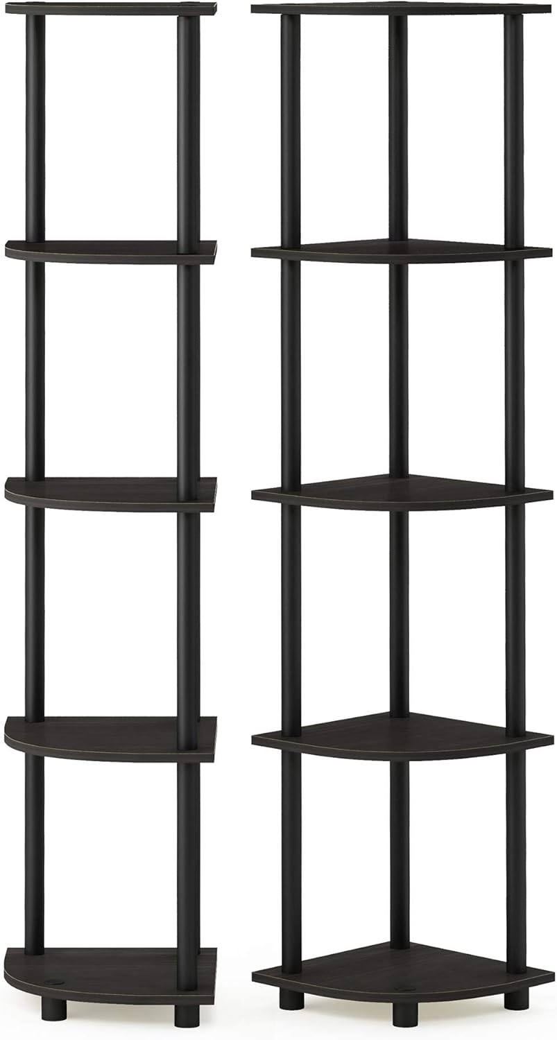Furinno TURN-N-TUBE Corner Shelf Set of 2, 5-Tier Corner Bookshelf, Open Storage Shelves, for Organization and Storage, Living Room, Home Office, Garage, Espresso