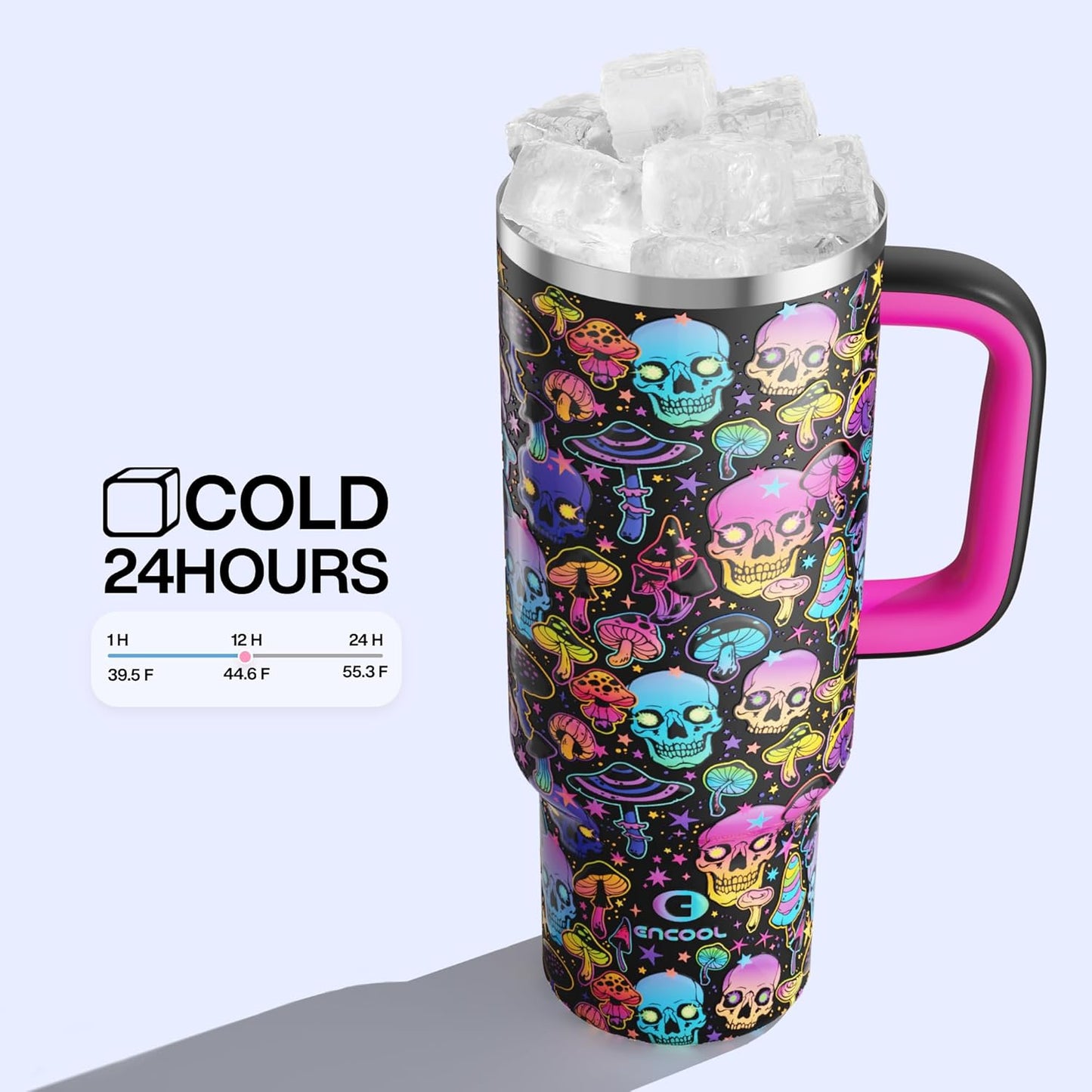 ENCOOL 40 oz Tumbler with Handle and Straw: Stainless Steel Insulated Tumbler Keeps Cold for 24 Hours, Leakproof Travel Cup Fits in Cup Holder and BPA-Free, Trippy Skulls