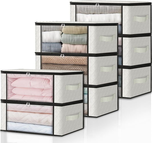 HomeHacks Storage 8-Pack Clothes Organizer Storage Bags Foldable Storage Box with Large Clear Window Sturdy Handles for Closet, Dorm, Pillows, Bedding, Clothes, Blankets, 35L, Ivory