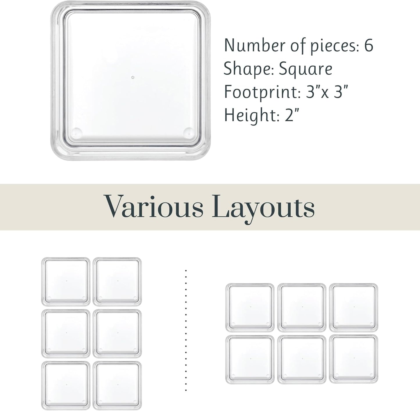 STORi SimpleSort 6-Piece Stackable Clear Drawer Organizer Set | 3" x 3" x 2" Square Trays | Small Makeup Vanity Storage Bins and Office Desk Drawer Dividers | Made in USA