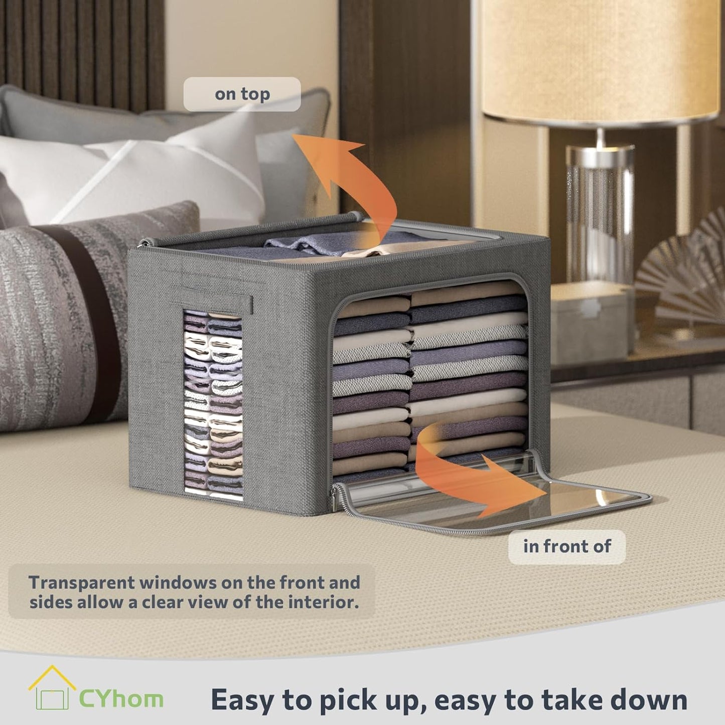 Clothes Storage Bins Box - Linen Fabric Foldable Stackable Container Organizer Set with Clear Window & Carry Handles & Metal Frame - 2Pack Large Capacity for Bedding, Blankets, Books