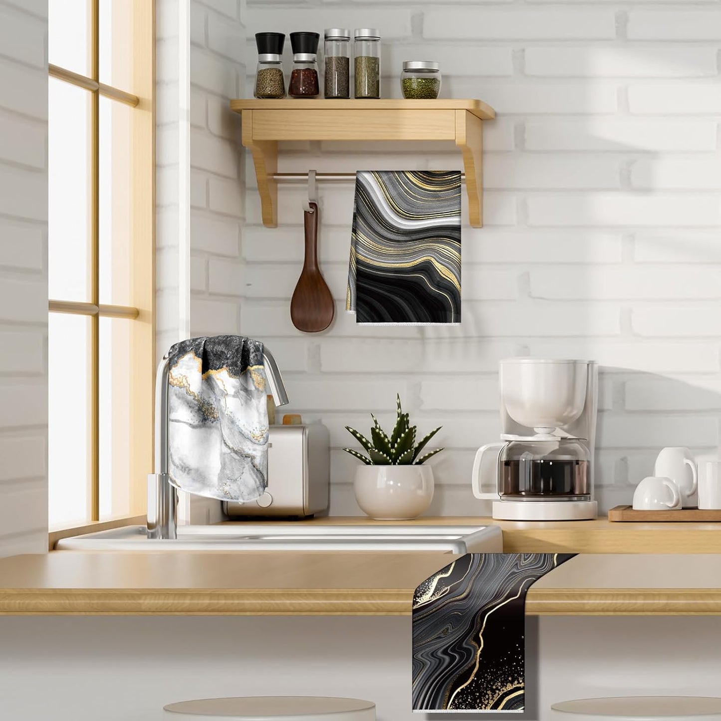 Boyiee Set of 6 Marble Kitchen Towels Gold Black Marble Tea Dish Towels 24 x 16 Inches Modern Absorbent Hand Washcloths Housewarming Gifts for Farmhouse Kitchen Bathroom Decorations