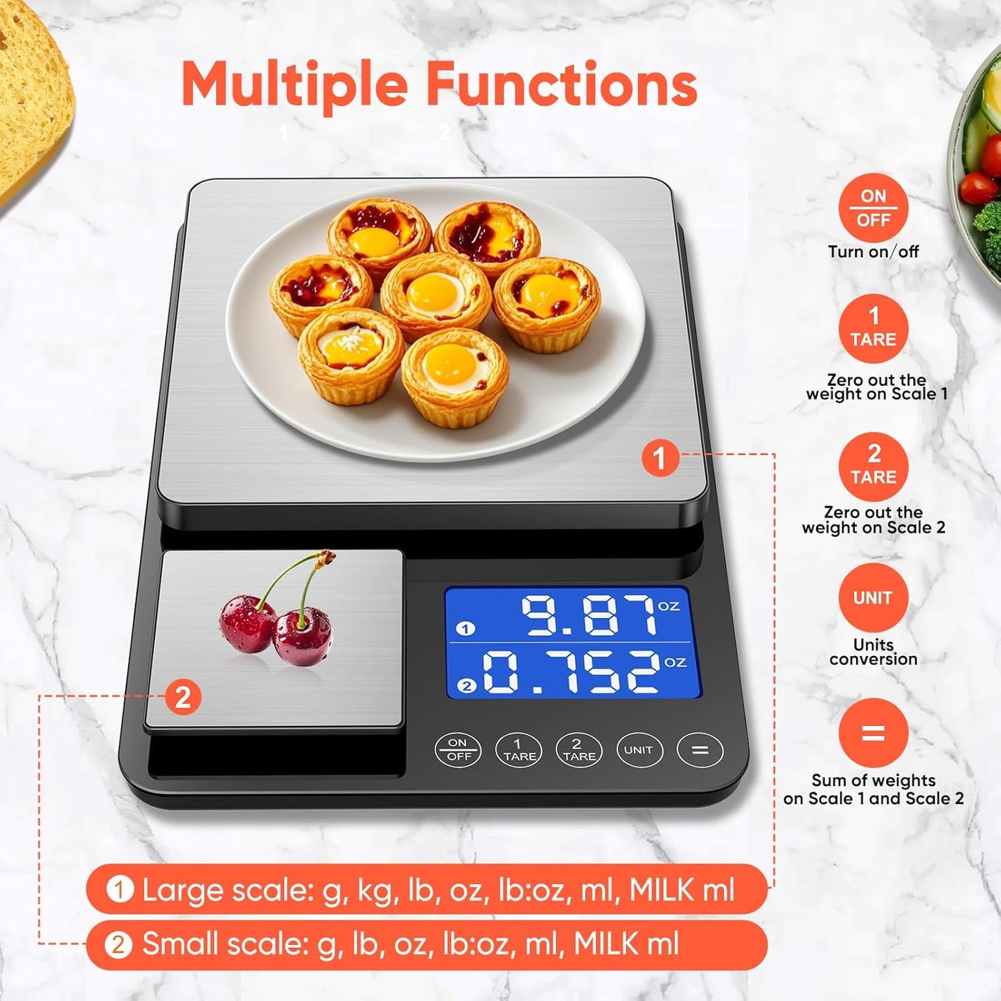 0.001 oz / 33 lb Dual Platform Kitchen Scale, Digital Food Scale with Two Precision Surfaces, LCD Display, 7 Units, Tare & Accumulation Functions – Perfect for Baking, Sourdough, and Cooking