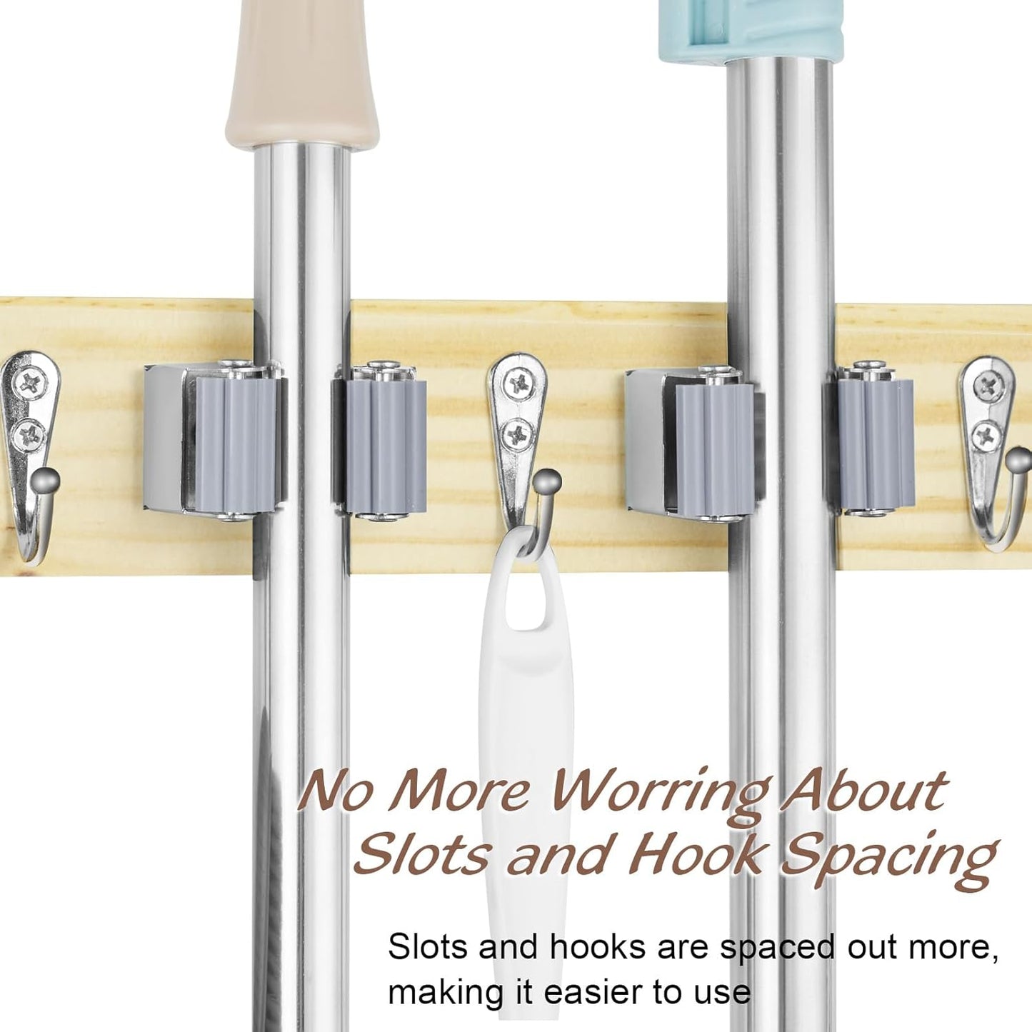 Mop and Broom Holder Wall Mount - Light Wood Broom Mop Hanger - Wall Mounted Garden Tool Rack Organizer for Closet Garage Laundry Room Kitchen With 4 Slots & 4 Hooks