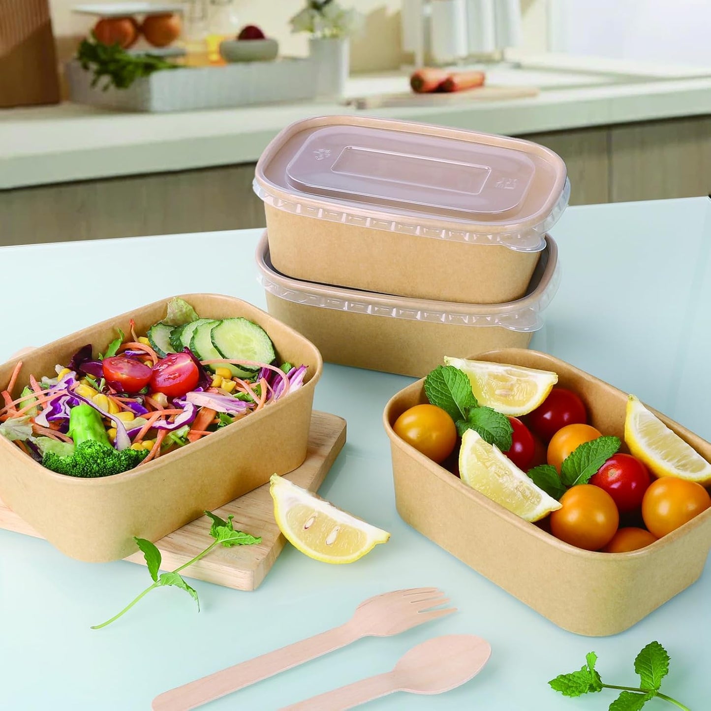 50 Sets 25oz Disposable Kraft Paper Bowls with Lids, Rectangle Paper Food Containers with Lids, Salad Bowls for Hot/Cold Food, Soup, Meal Prep, Ice Cream, Takeout, Party Supplies(750ml)