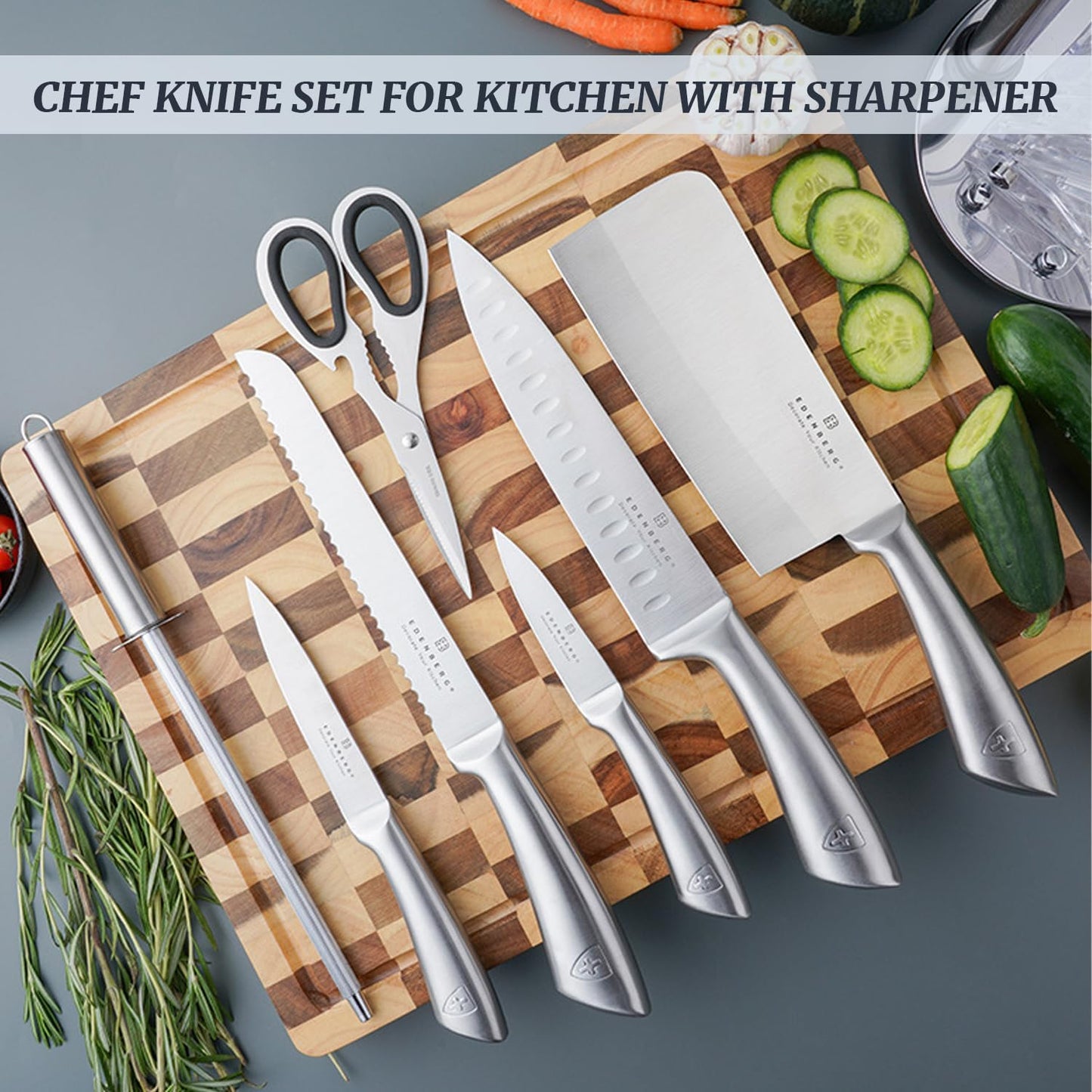 Kitchen Knife Set, Retrosohoo 9-Piece Silver Sharp Non-Stick Coated Chef Knives Block Set,Stainless Steel Knife Set for Kitchen with Sharpener for Cutting Slicing Dicing Chopping (Silver)