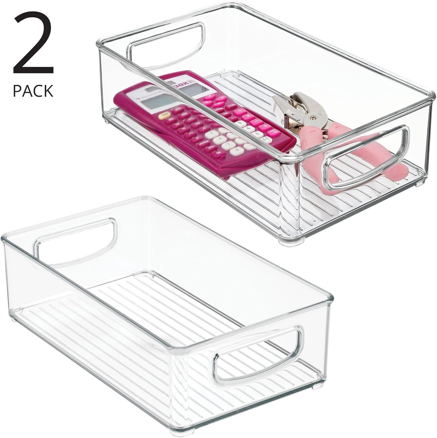 mDesign Small Plastic Office Storage Container Bins w/Handles for Organization in Filing Cabinet, Closet Shelf, Desk Drawers, Organizer for Notes, Pens, Pencils - Ligne Collection, 2 Pack - Clear