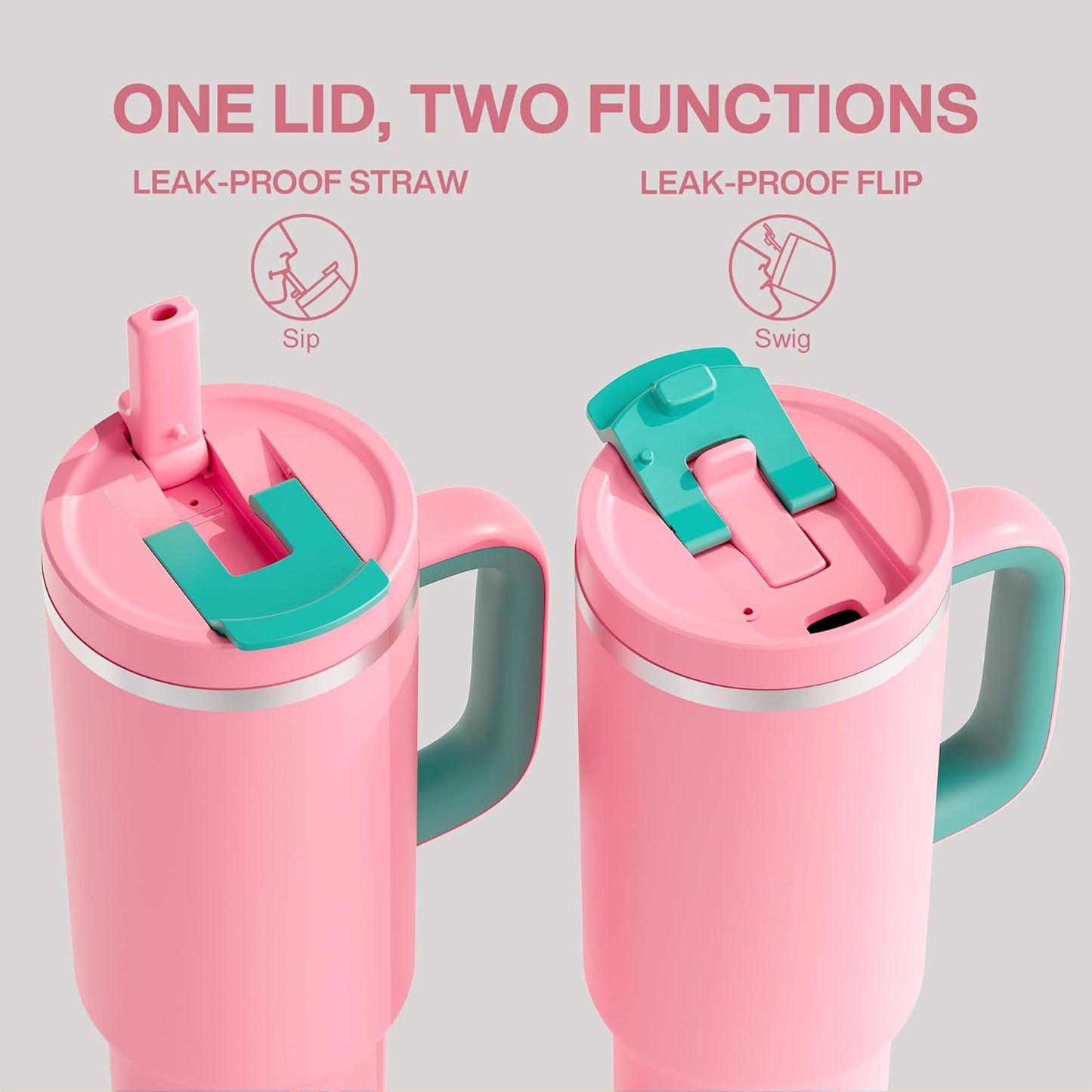 40 oz Tumbler with Handle and Straw: Stainless Steel Insulated Tumbler Keeps Cold for 24 Hours, Leakproof Travel Cup Fits in Cup Holder and BPA-Free,Tulip