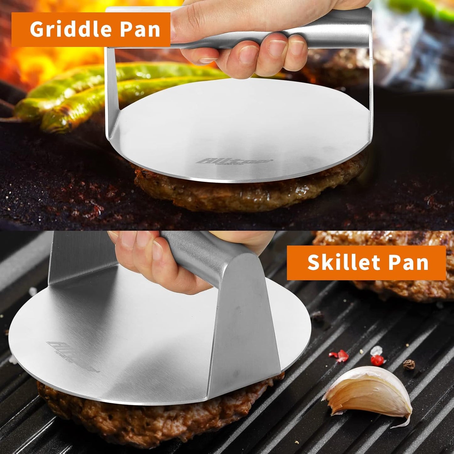 ALLTOP Smash Burger Press,Stainless Steel Non-Stick Smasher Hamburger Press Patty Maker for Flat Top Griddle,Grill,BBQ,Kitchen - Round Accessory (6.2 inch)